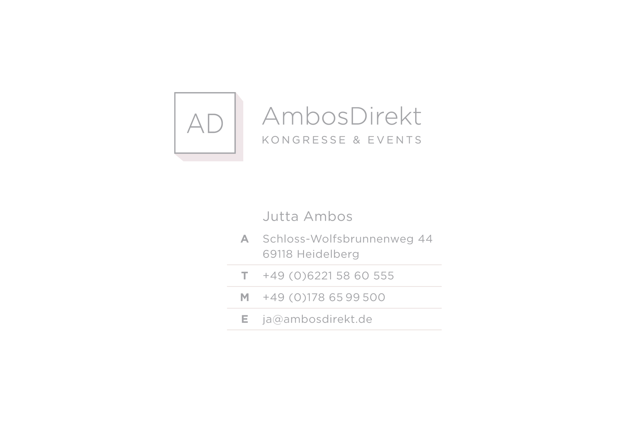 AmbosDirekt - Kongresse & Events - Jutta Ambos, Schloss-Wolfsbrunnenweg 44, 69118 Heidelberg - T +49(0)6221 58 60 555, M +49(0)178 65 99 500, E ja@ambosdirekt.de